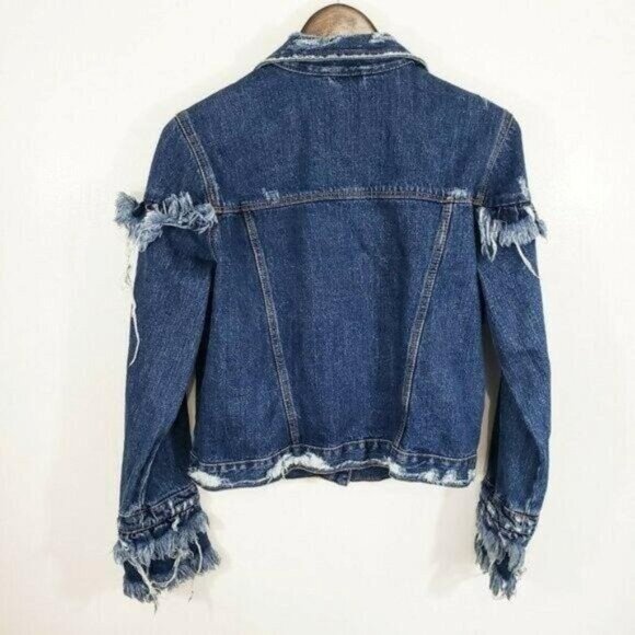 Zara Women's Denim Fringe Jean Jacket size Large - Picture 3 of 9